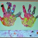 rainbow hand prints with salt glitter as christmas cards