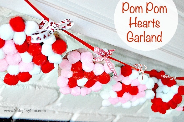 Valentine Craft : Sticky Pom Pom Hearts Garland