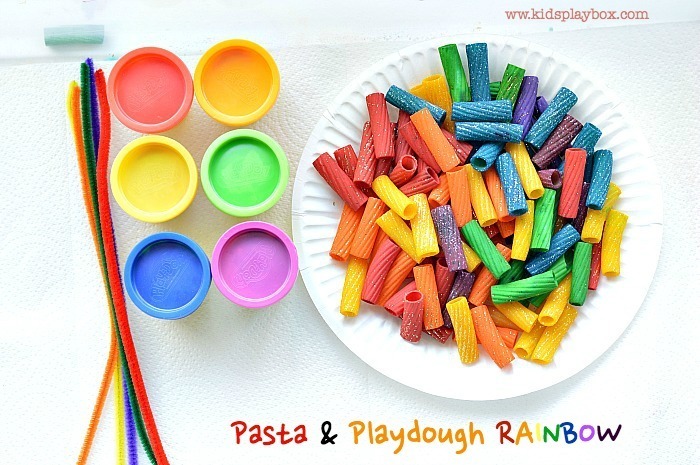 Fine Motor Activities with Rainbow Pasta and Playdough